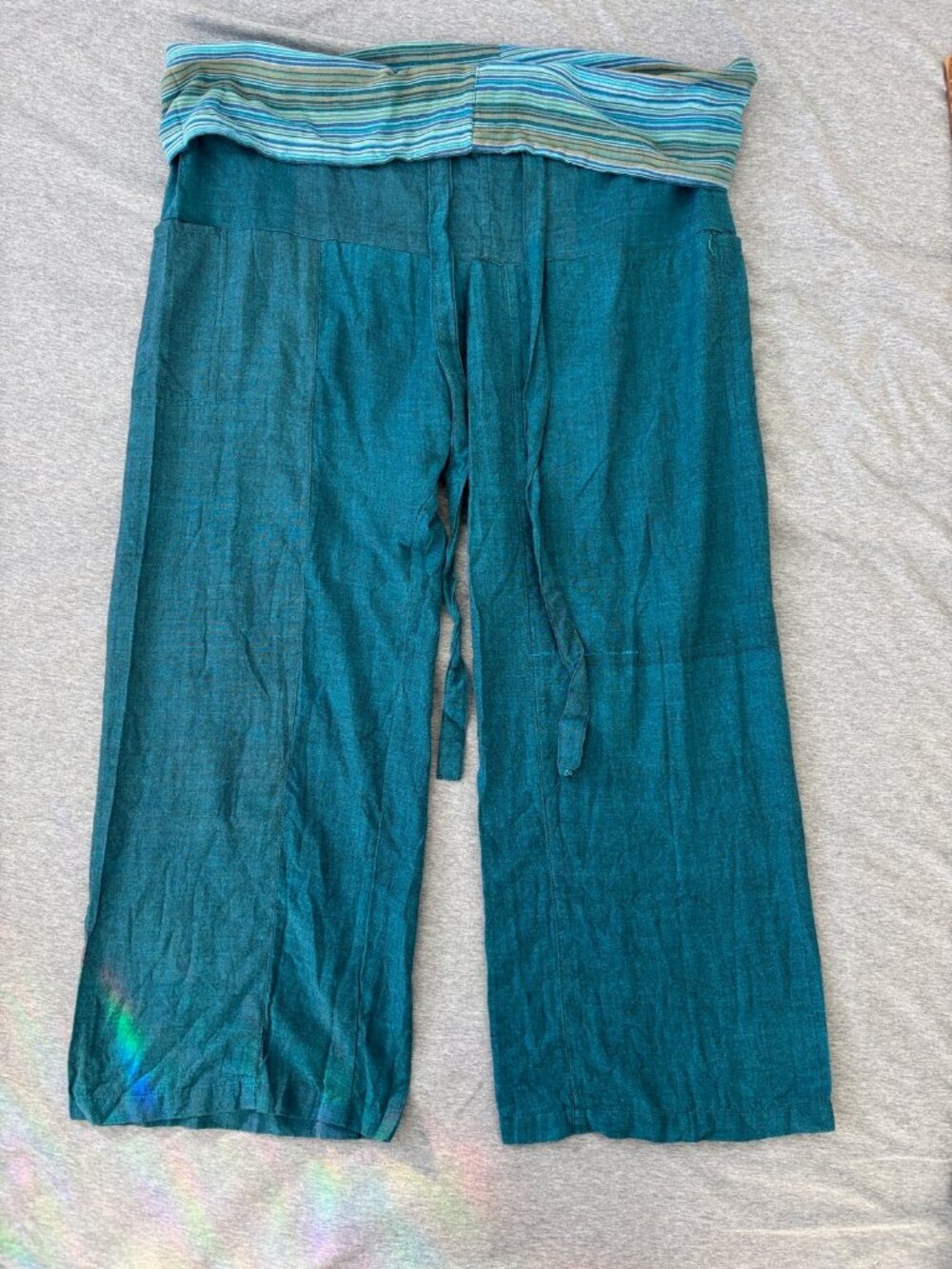 Artisan Thai Fisherman Wrap Pants Unisex Teal Boho Wide Leg Striped Festival